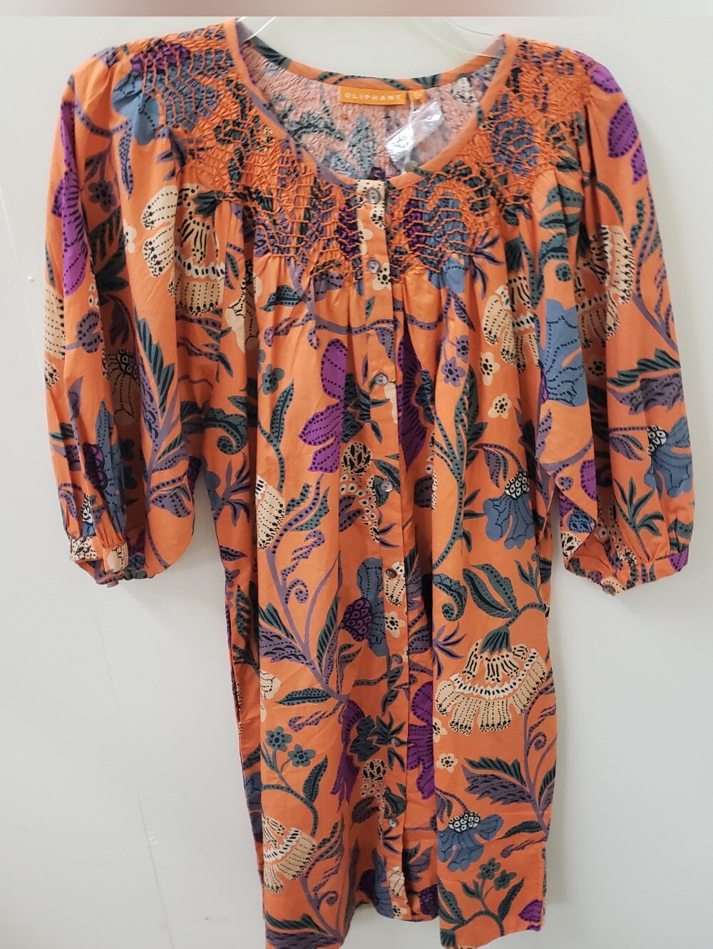 NWT- Oliphant Button Mini Dress, Embroidered Smocking